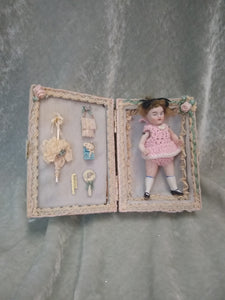 Estate Sale miniature doll in her box, collectors, permanently affixed items, doll is not affixed