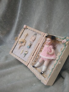 Estate Sale miniature doll in her box, collectors, permanently affixed items, doll is not affixed